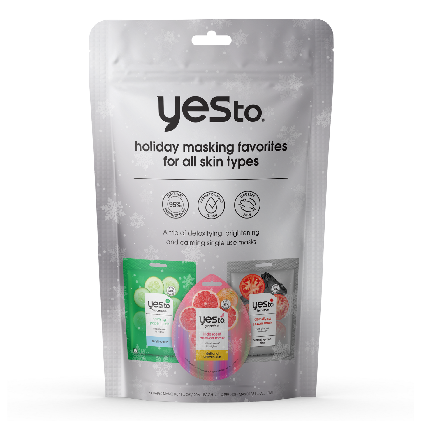 Holiday Masking Favorites Christmas Gift Set, Includes Cucumber Calming Paper Mask, Grapefruit Iridescent Peel-Off Mask & Detoxifying Paper Mask for All Skin Types